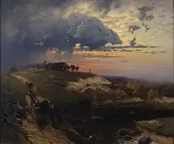 Freight of timber. Landscape with lightning (ca. 1894), by Oskar Hoffmann (1851–1912)