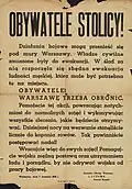 General Walerian Czuma's appeal to the inhabitants of Warsaw. The text reads – "Citizens! Warsaw must be defended!"