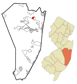 Map of Leisure Village CDP in Ocean County. Inset: Location of Ocean County in New Jersey.