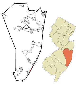 Location of North Beach Haven in Ocean County highlighted in red (left). Inset map: Location of Ocean County in New Jersey highlighted in orange (right).