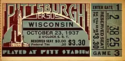 October 23, 1937 ticket stub for the Wisconsin versus Pittsburgh football game