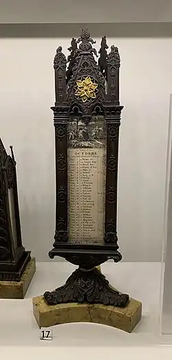 Office object with weekly, thermometer and calendar, unknown French maker, c.1835-1850, patinated and gilt bronze, paper background, glass, mercury, and marble pedestal, Museum of Decorative Arts, Paris