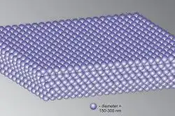 A diagram of an opal's molecular structure, showing small lilac spheres packed in misaligned sheets on top of each other. The legend shows that one sphere has a diameter of 150–300 nanometres.