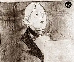 Drawing of head and torso of white man, clean-shaven, with longish light-coloured hair, holding a large menu or folio, in semi-profile