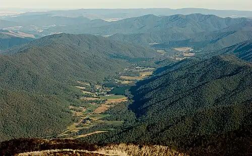 View from the summit of the Ovens Valley and MUMC hut (extreme bottom of frame)