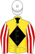 Yellow, black diamond, red and white striped sleeves, white cap