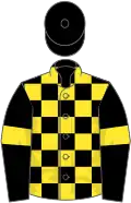 Black and yellow check, yellow armlet, black cap