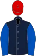 Dark blue, royal blue sleeves, red cap