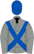 Grey, royal blue cross-belts and cap