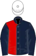 Dark blue and red (halved), dark blue sleeves, white cap