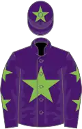 Purple, light green star, light green stars on sleeves, light green star on cap