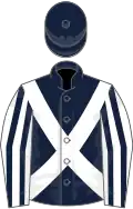 Dark blue, white cross belts, white and dark blue striped sleeves