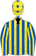 Royal blue and yellow stripes, yellow cap, royal blue stars