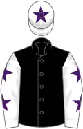 Black, white sleeves, purple stars, white cap, purple star