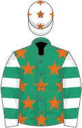 Emerald green, orange stars, white and emerald green hooped sleeves, white cap, orange stars