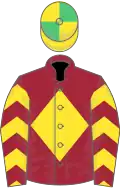 Maroon, yellow diamond, yellow and emerald green chevrons on sleeves, quartered cap