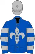 Royal blue, silver fleur de lys, hooped sleeves, silver cap