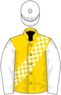 Gold, gold and white checked sash, sleeves and cap