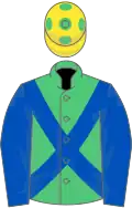 Emerald green,royal blue cross sashes,royal blue sleeves,yellow cap,green spots