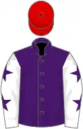 Purple, white sleeves, purple stars, red cap