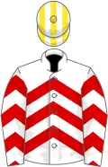 White and red chevrons, white and yellow striped cap