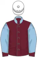 Claret, light blue collar and sleeves, claret cuffs, white cap