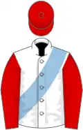White, light blue sash, red sleeves and cap