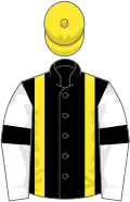 Black, yellow braces, white sleeves, black armlets, yellow cap