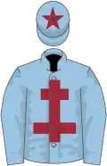 Light blue, maroon cross of lorraine, maroon star on cap