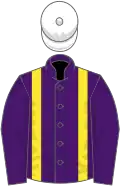 Purple, yellow braces, white cap
