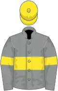 grey, yellow hoop, grey sleeves, yellow armlets, yellow cap