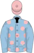 Light blue, pink spots, light blue sleeves, pink cap