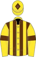 Yellow, brown stripes and armlets, yellow cap, brown diamond