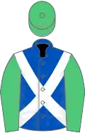 Royal blue, white cross belts, emerald green sleeves and cap
