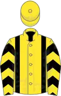 Yellow, black braces, black chevrons on sleeves, yellow cap