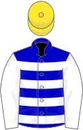 Blue and white hoops, white sleeves, yellow cap