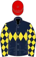 Dark blue, yellow triple diamond and diamonds on sleeves, red cap