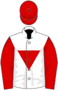 White, red inverted triangle, red sleeves and cap