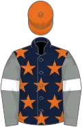 Dark blue, orange stars, grey sleeves, white armlets, orange cap