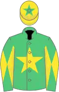 Emerald green, yellow star, diabolo on sleeves, yellow cap, green star