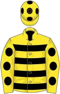 Yellow, black hoops, spots on sleeves and cap