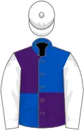 Royal blue and purple (quartered), white sleeves and cap