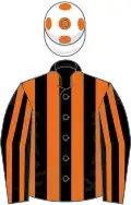 Black and orange stripes, white cap, orange spots