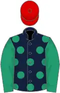 Dark blue, emerald green spots and sleeves, red cap
