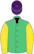 Emerald green, yellow sleeves, purple cap