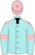 Pale blue, pink epaulets, armlets and cap