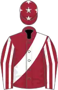 Maroon, white sash, striped sleeves, stars on cap