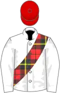 White, Wallace tartan sash, red cap
