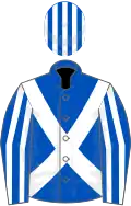Royal blue, white cross belts, striped sleeves and cap