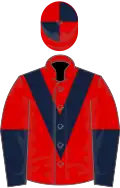 Red, Dark Blue chevron, halved sleeves, quartered cap